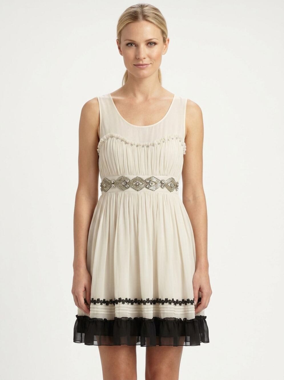 Olivier Goureau Paris 100% Silk Scoop Neck Mini Ruffle Dress Women Size S